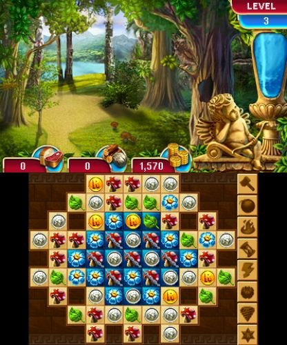 Level 3 puzzle with a diamond of blue tiles, coins and leaves