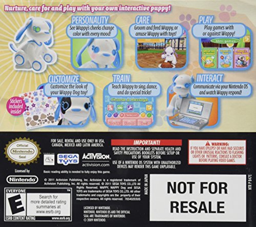 Back of the Wappy Dog DS case listing personality, care, play and train features