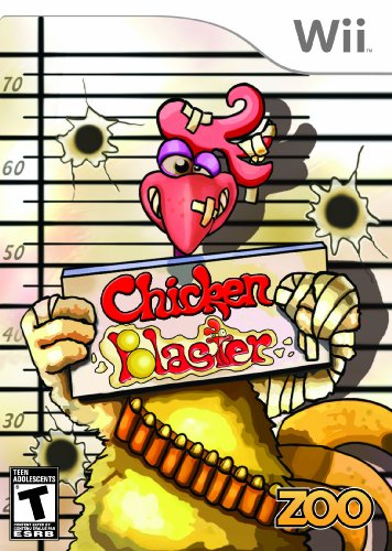 Wii game cover with a bandaged chicken holding a sign in a mugshot