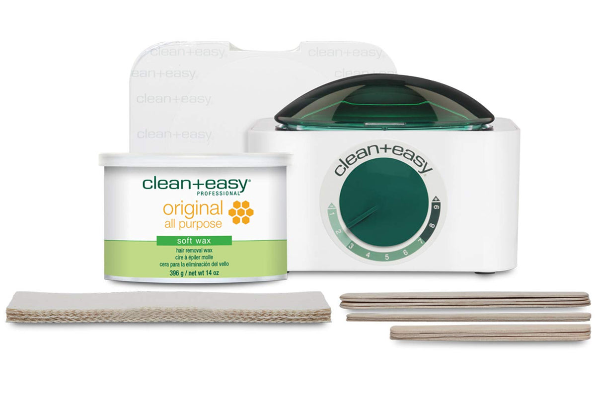 White and green wax warmer with a 14 oz soft wax tub, muslin strips, spatulas and drip collars