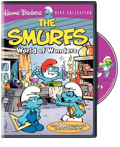 Cartoon DVD cover with three little blue characters in a potion lab
