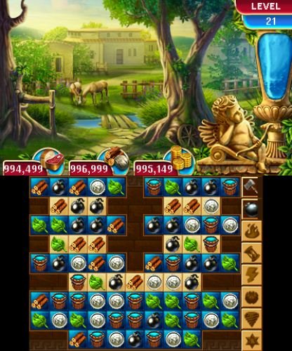 Level 21 match puzzle with bombs, logs and leaves under a villa scene