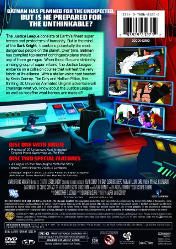 Back of the Justice League: Doom DVD with Batcave scene, synopsis and disc details