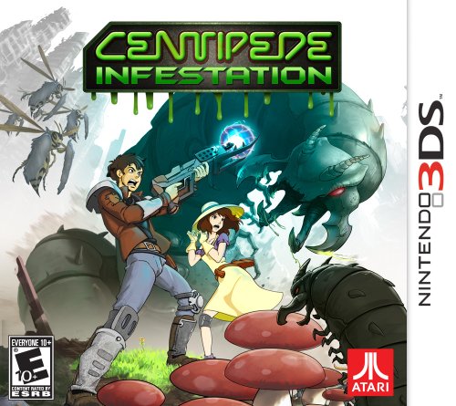 3DS game cover with a hero firing at giant insects among red mushrooms