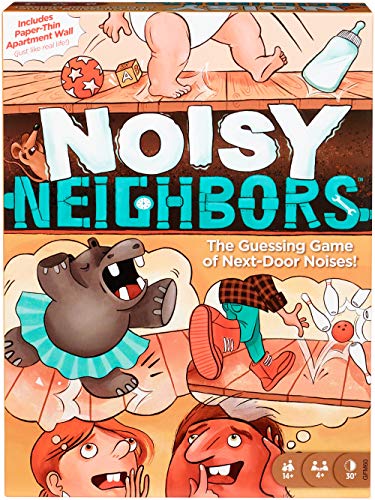 Noisy Neighbors guessing game box with a hippo in a tutu and listening neighbors