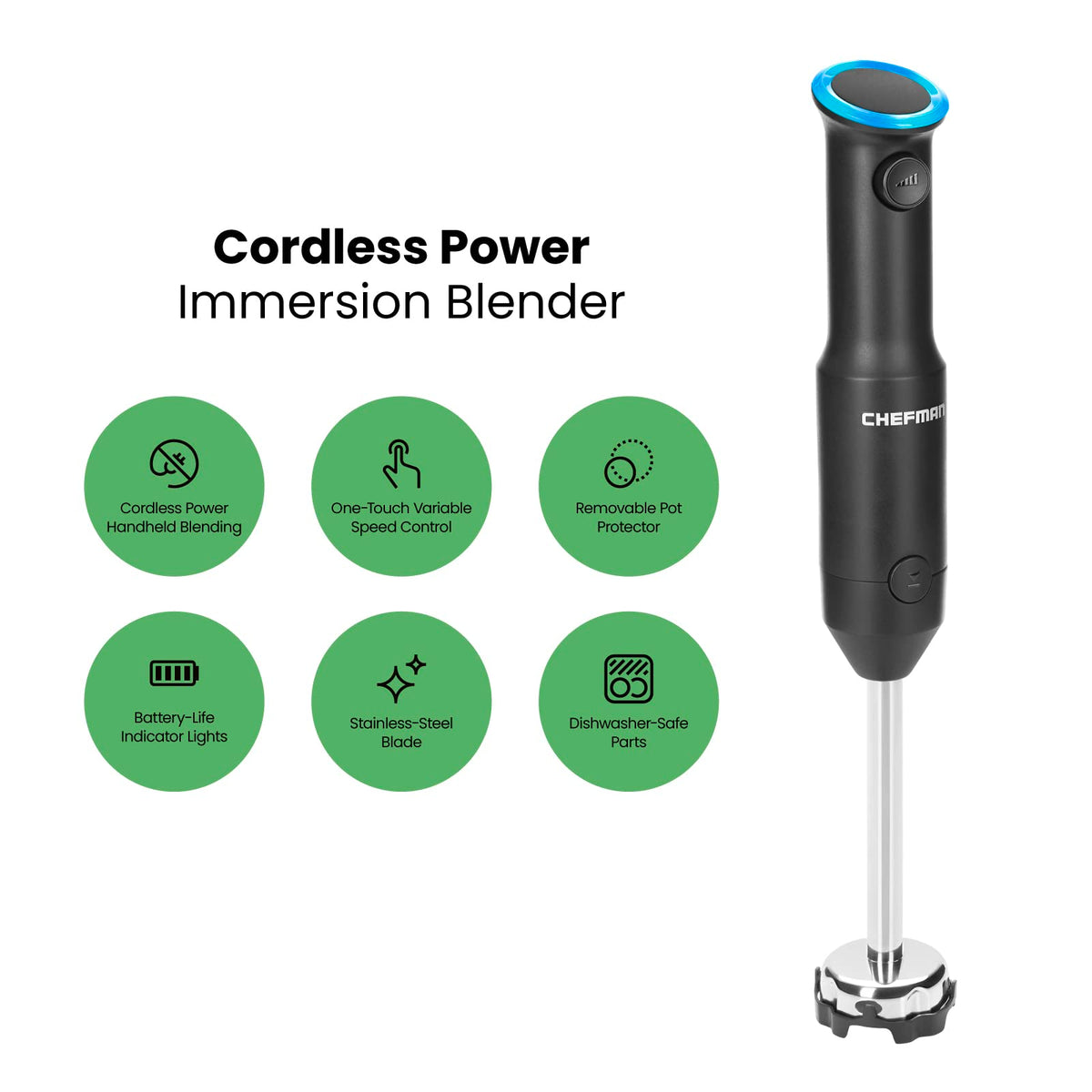 Cordless immersion blender beside six green feature icons, including dishwasher-safe parts