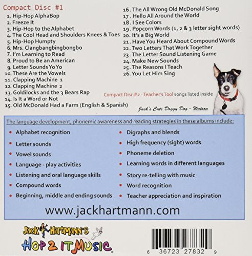 Back of the Hip-Hop AlphaBop CD with 26 tracks, reading skills list and a terrier