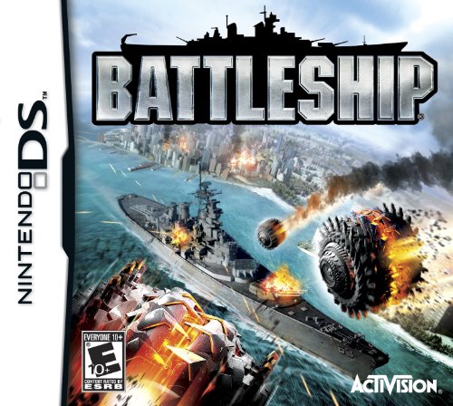 DS game case with a battleship firing on alien craft by a coastal city
