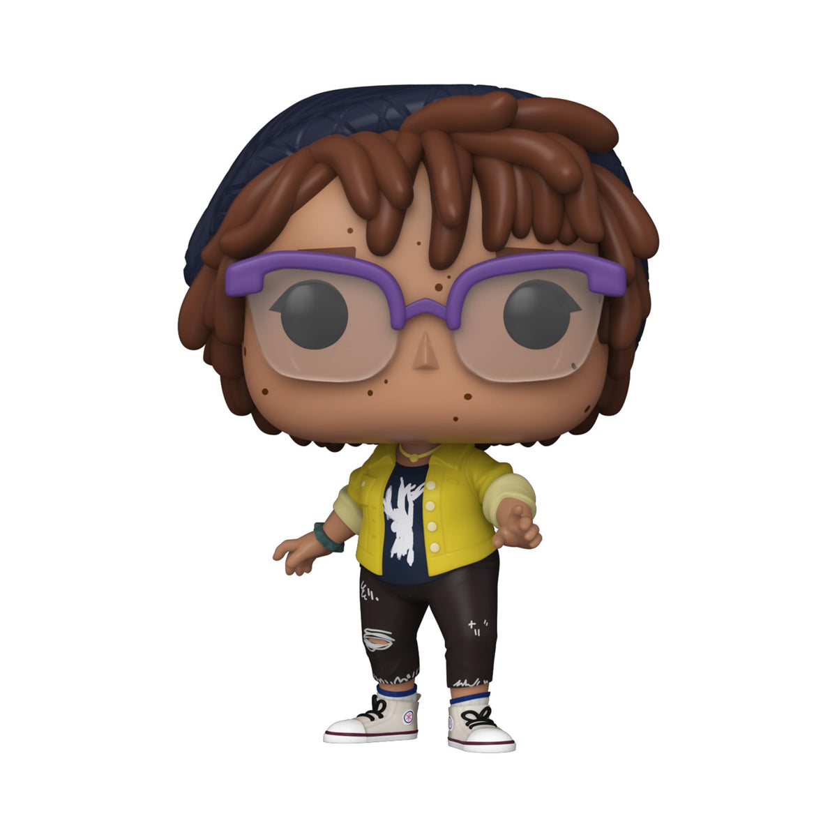 April O'Neil figure out of the box: beanie, purple glasses, yellow jacket, ripped jeans