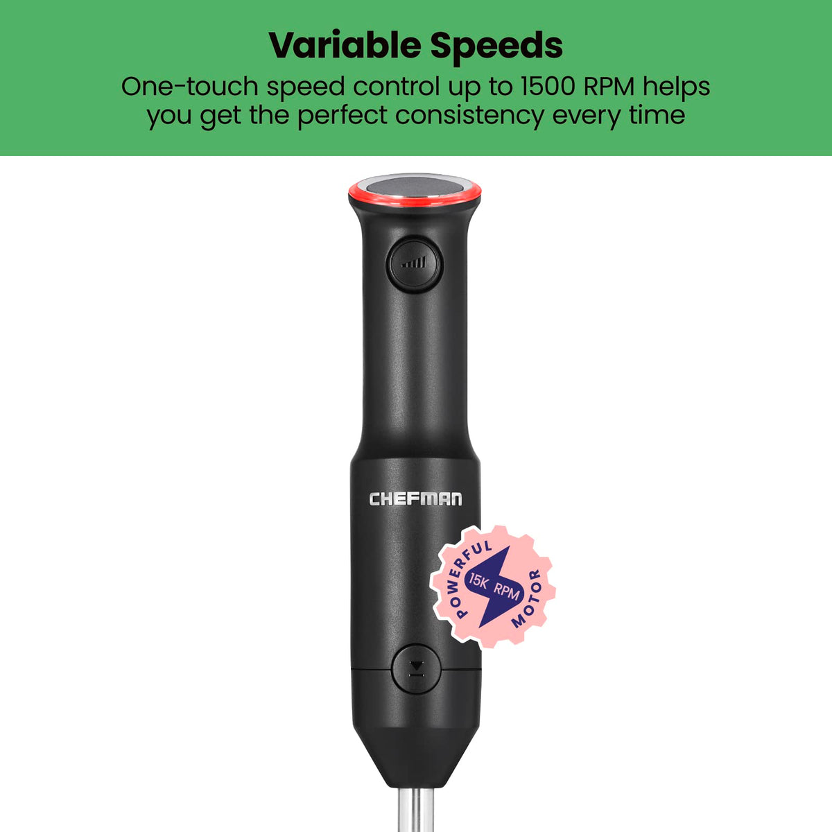 Close-up of the blender handle with its speed button and red light ring