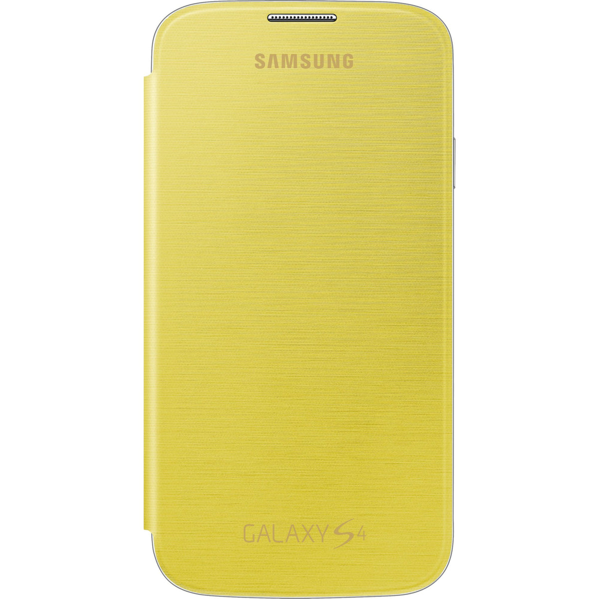 Yellow Samsung flip cover for the Galaxy S4, closed, brushed texture