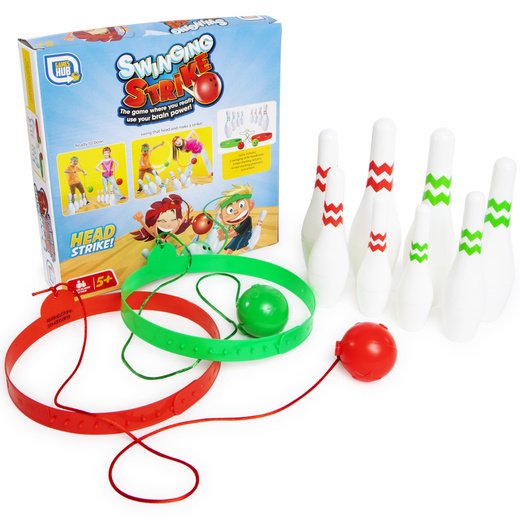 Swinging Strike contents: red and green headbands with balls on strings and ten pins