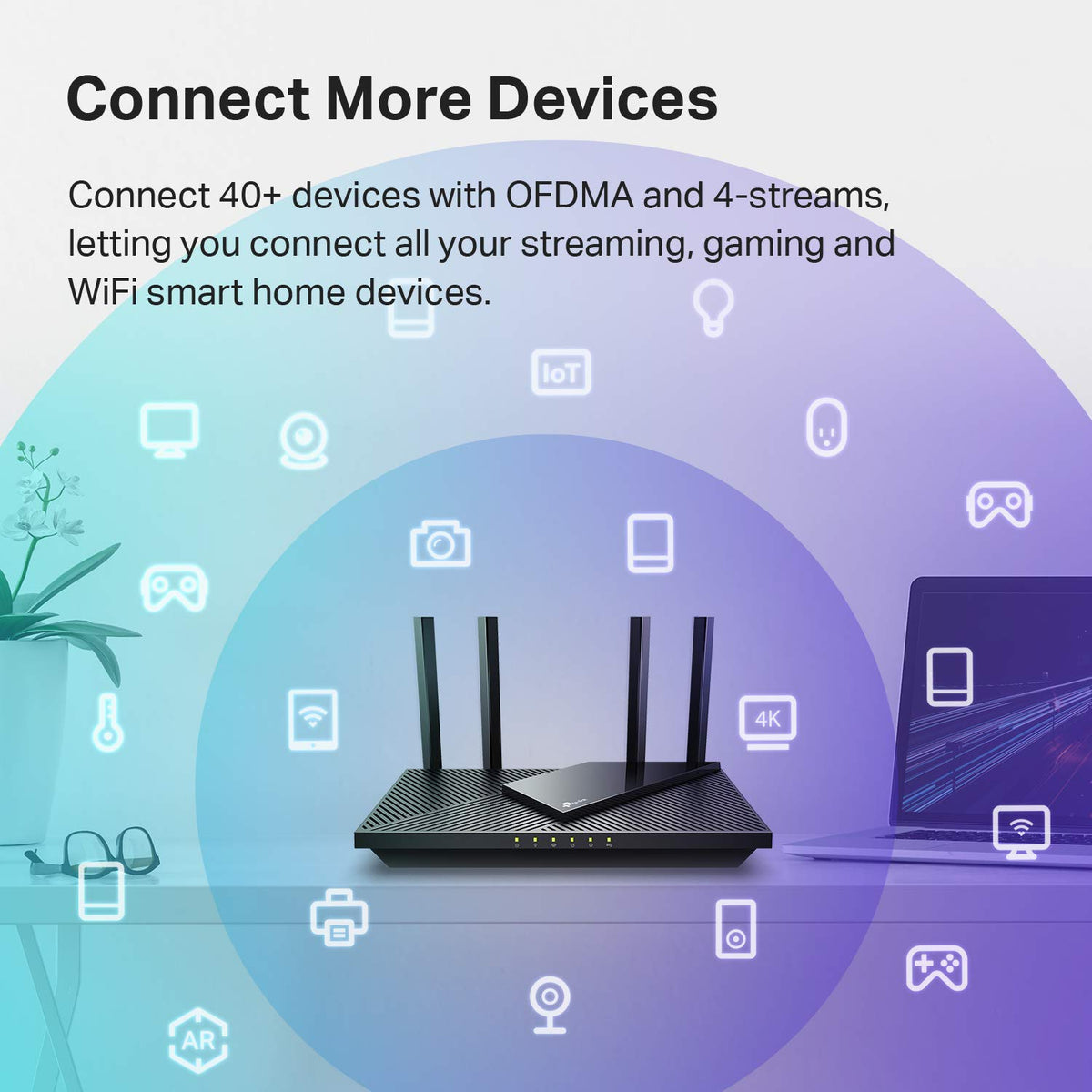 Router on a desk surrounded by device icons: connect 40+ devices
