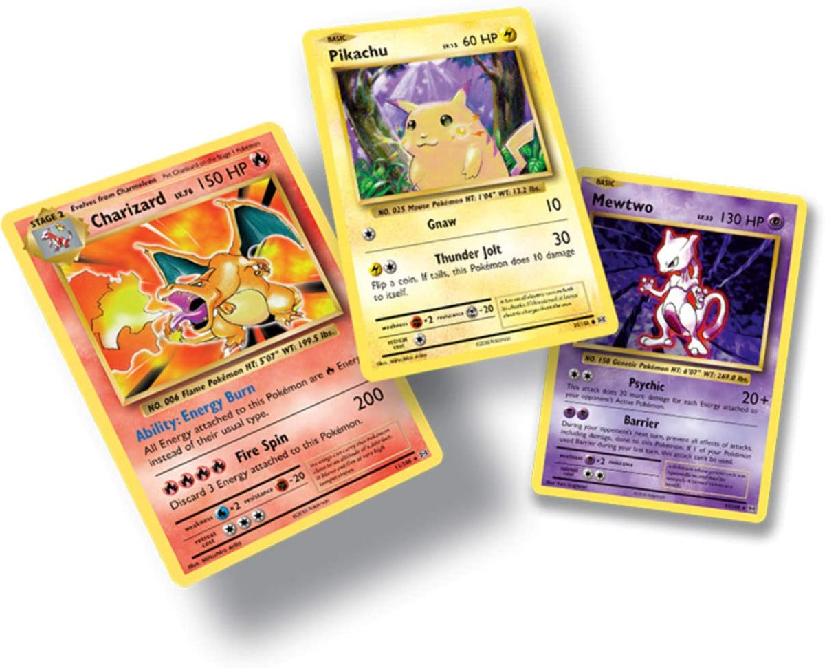 Sample XY Evolutions cards: Charizard, Pikachu and Mewtwo in classic card art