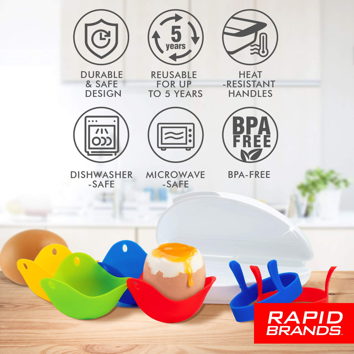 Silicone egg poachers, one holding a soft-boiled egg, under dishwasher, microwave and BPA-free icons