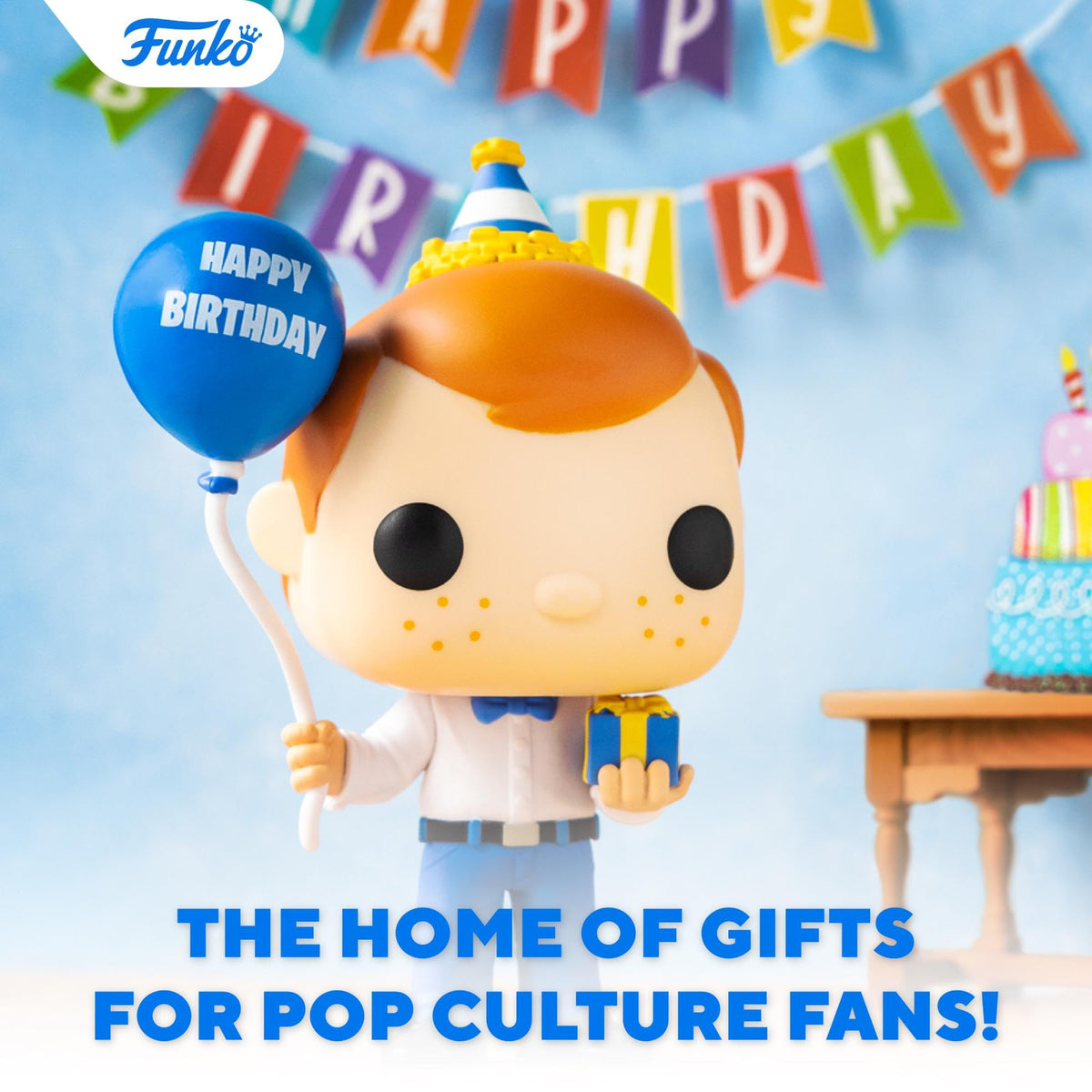 Freddy Funko figure with a Happy Birthday balloon and party hat