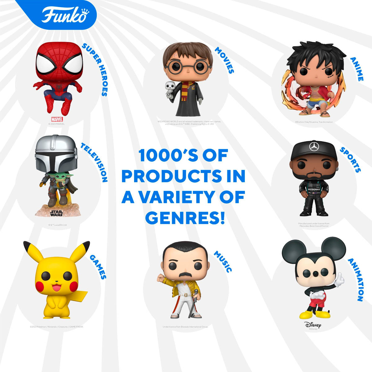 Eight Pop figures by genre, from Spider-Man to Pikachu and Mickey