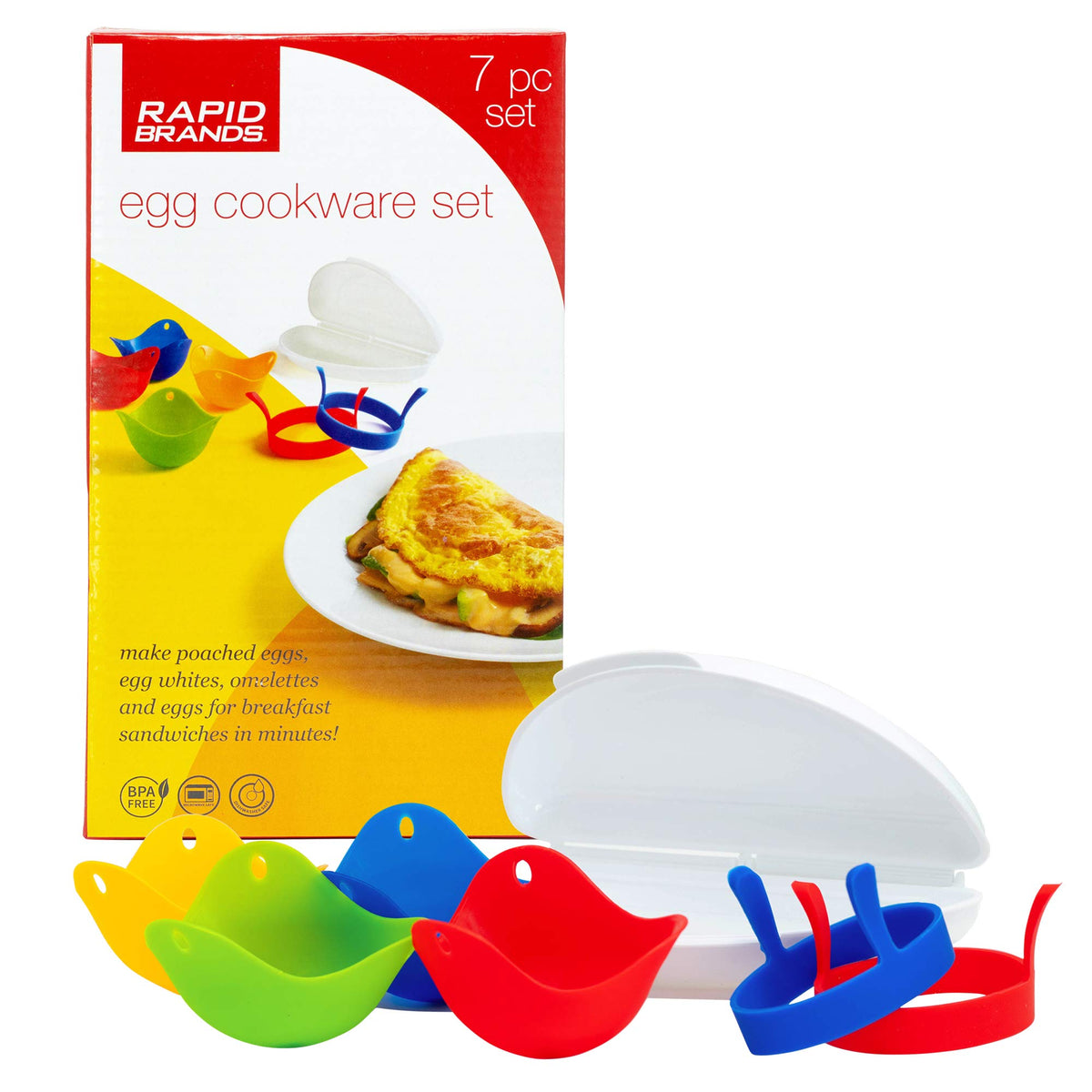 Egg cookware set box with four silicone egg poachers, two egg rings and a white omelette maker