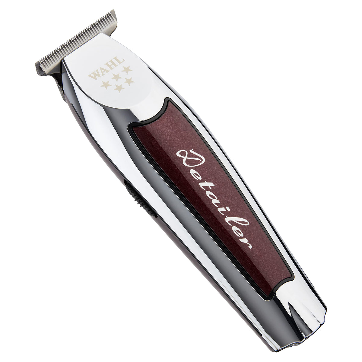 Chrome and burgundy cordless T-blade detailer trimmer with five stars on the head