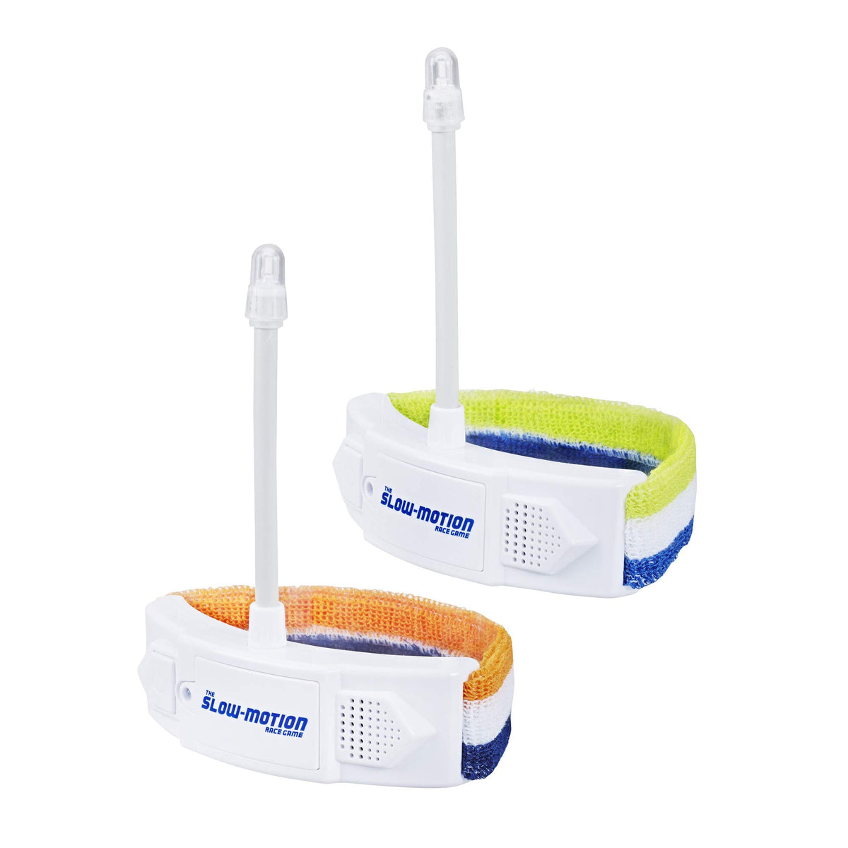 Two sweatband headbands, orange and green striped, with light-tipped antennas