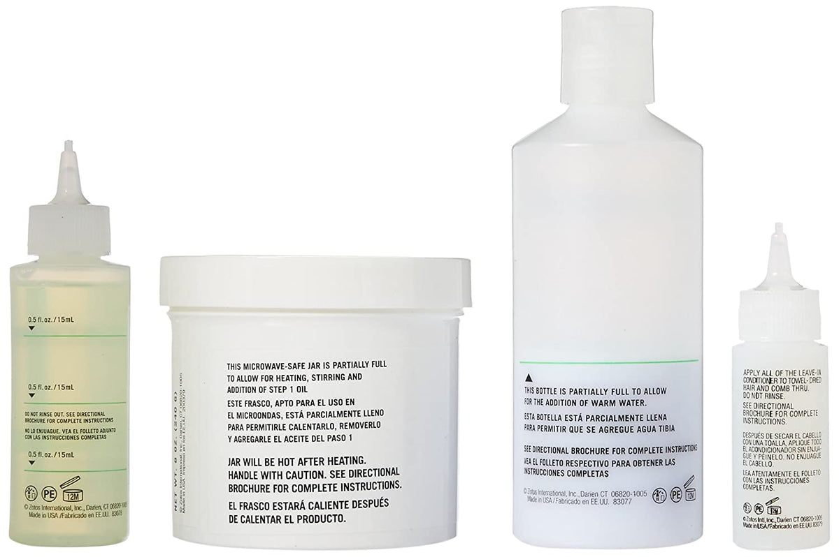 Back labels of the four Easy Straight bottles and jar with usage directions