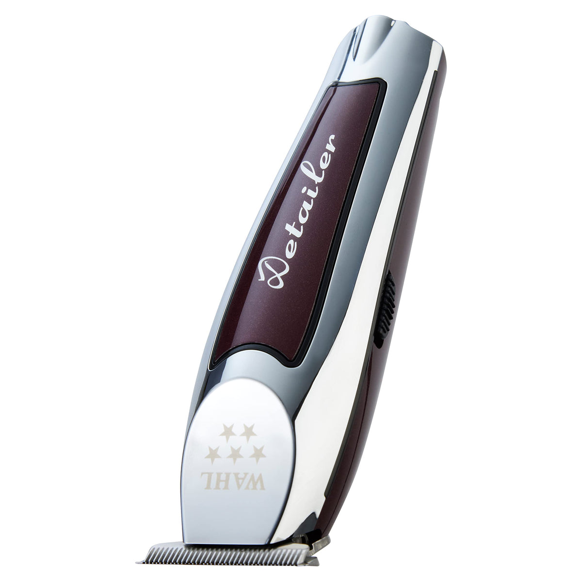 Detailer trimmer angled blade-down showing the chrome head and burgundy panel