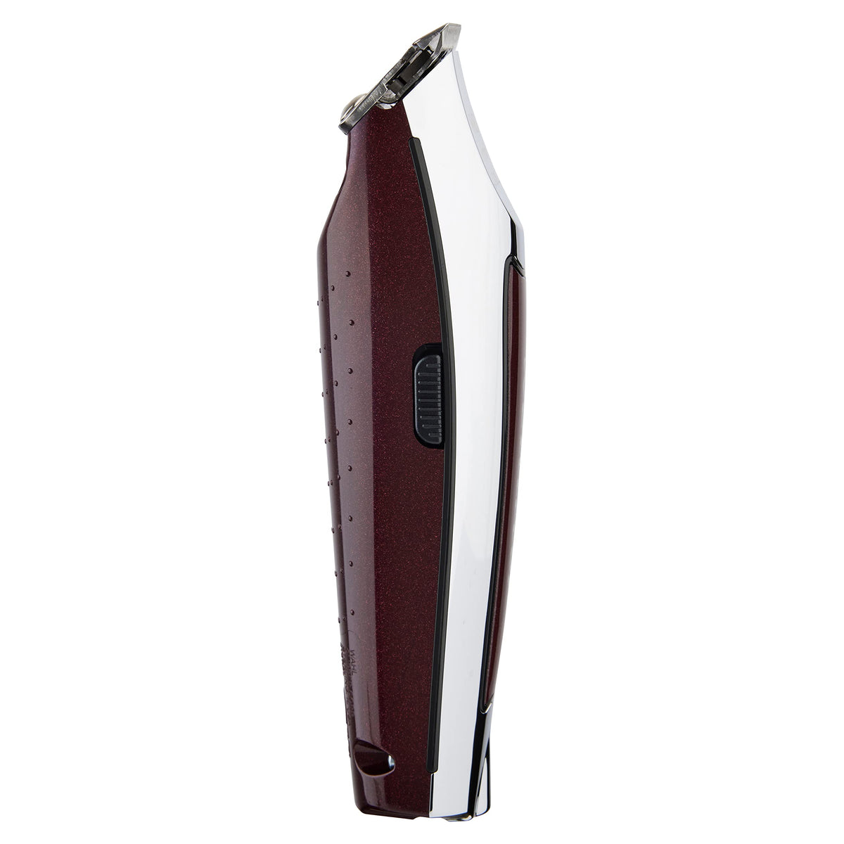 Side profile of the burgundy and chrome trimmer with its power switch