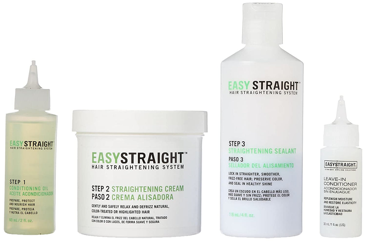 Easy Straight kit contents: conditioning oil, straightening cream, sealant and leave-in