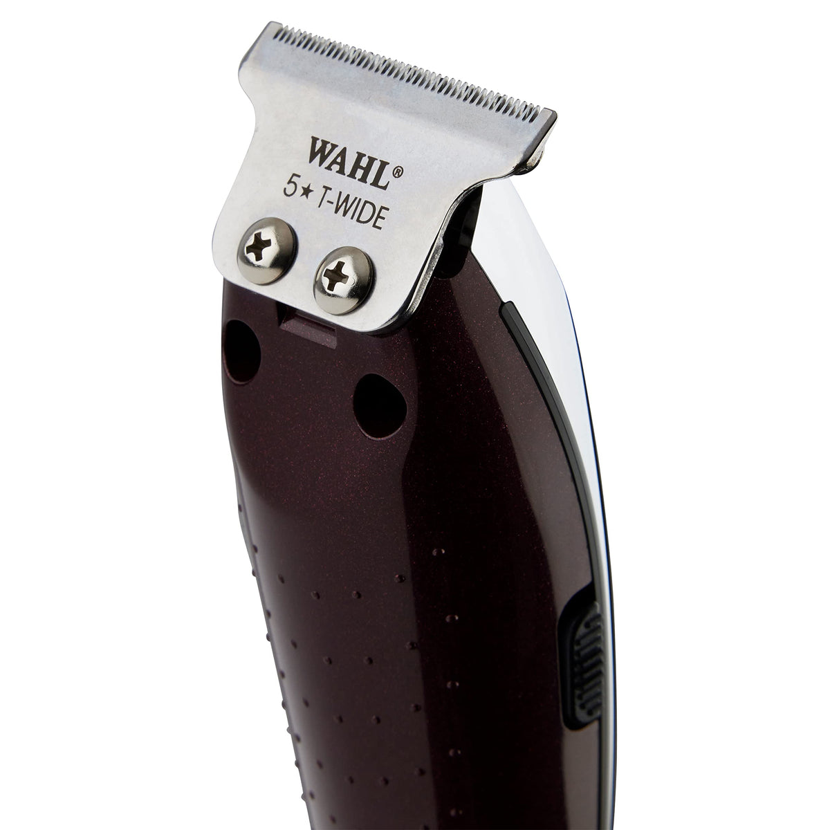 Back of the trimmer showing the wide T-blade held by two screws