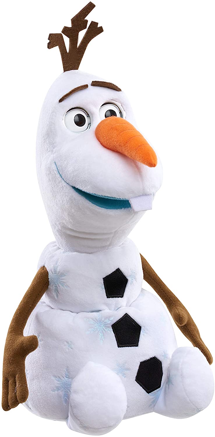 Olaf plush seen from the side with snowflake-embroidered body and buttons