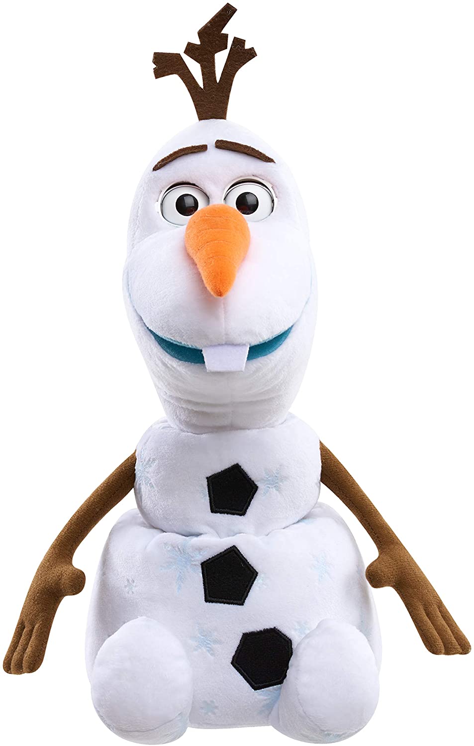 Frozen Olaf plush toy sitting upright with stick arms and an orange carrot nose