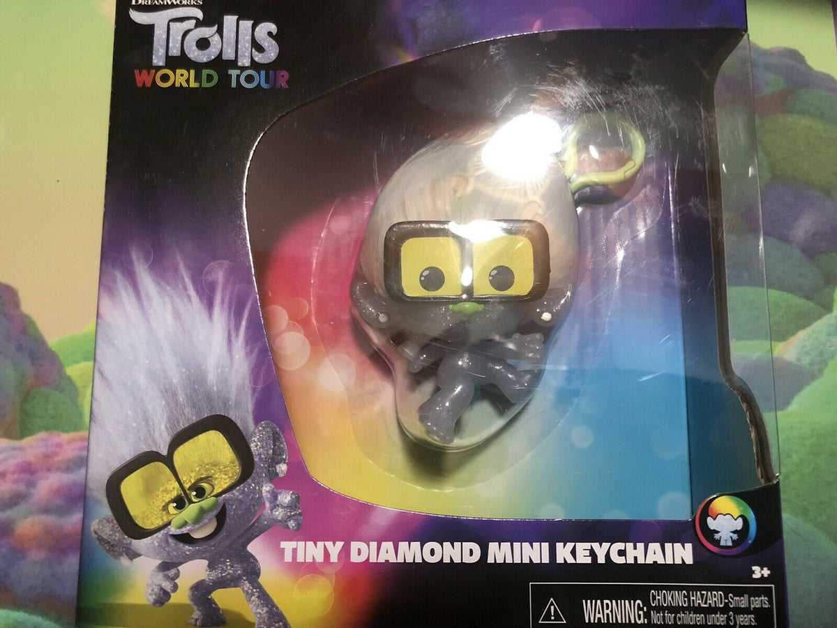 Trolls World Tour Tiny Diamond mini keychain in its window box, glittery with yellow glasses