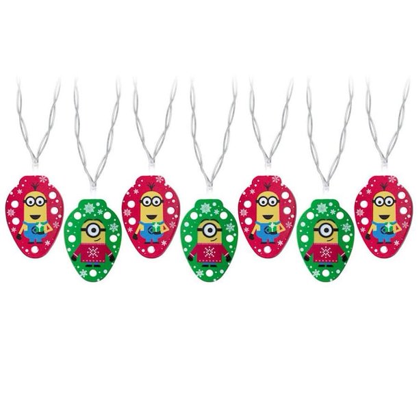 Seven red and green Minions Christmas light covers on a clear string