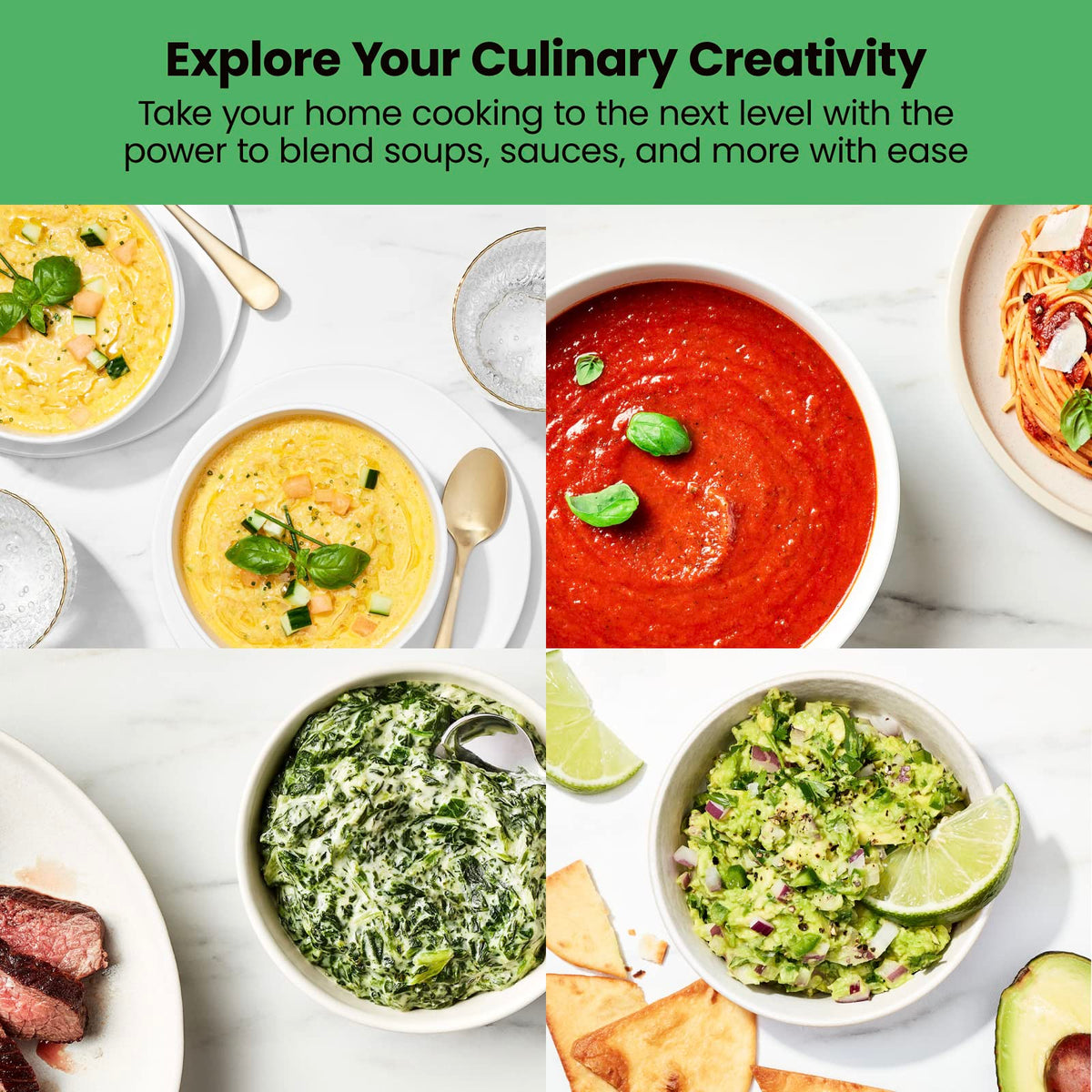 Bowls of yellow soup, tomato sauce, creamed spinach and guacamole