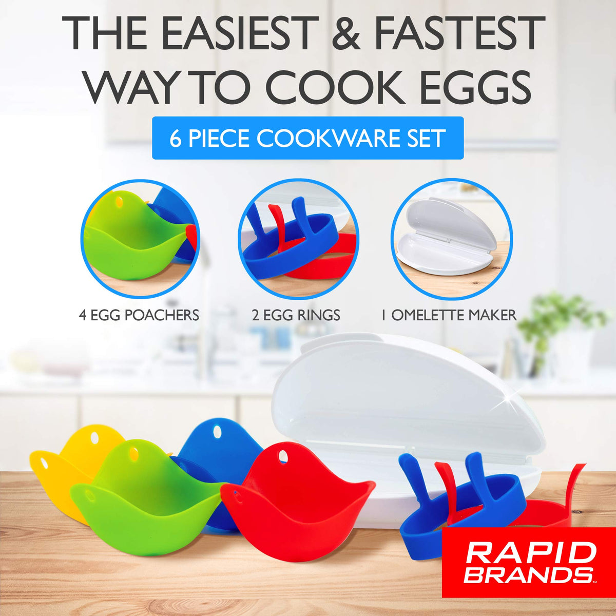 Set contents: 4 silicone egg poachers, 2 egg rings and 1 white omelette maker