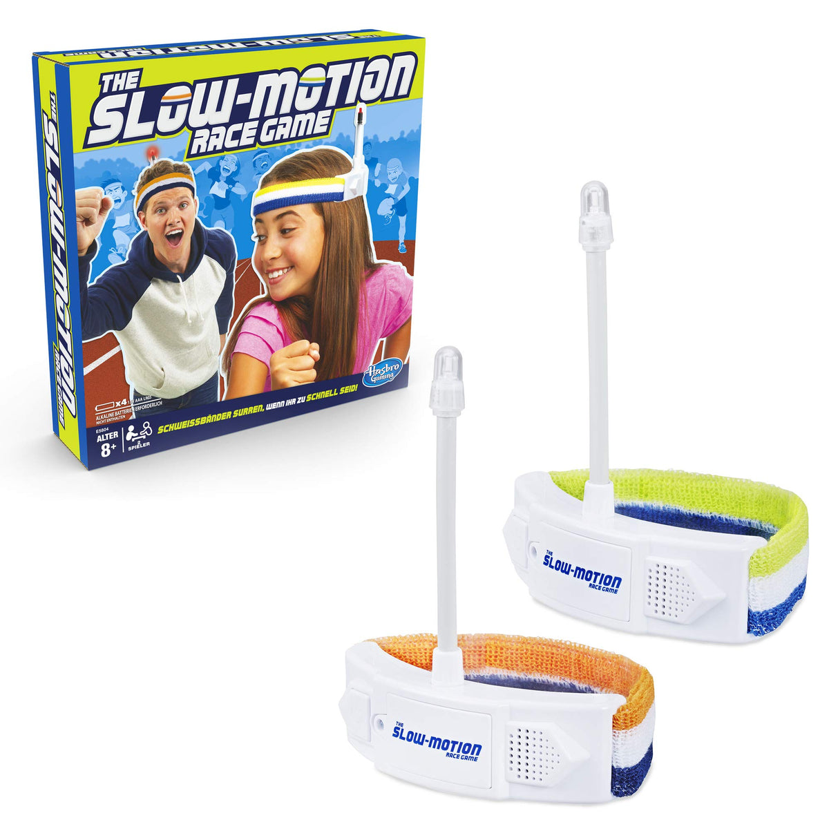 Two striped headbands with light-up antennas in front of the game box