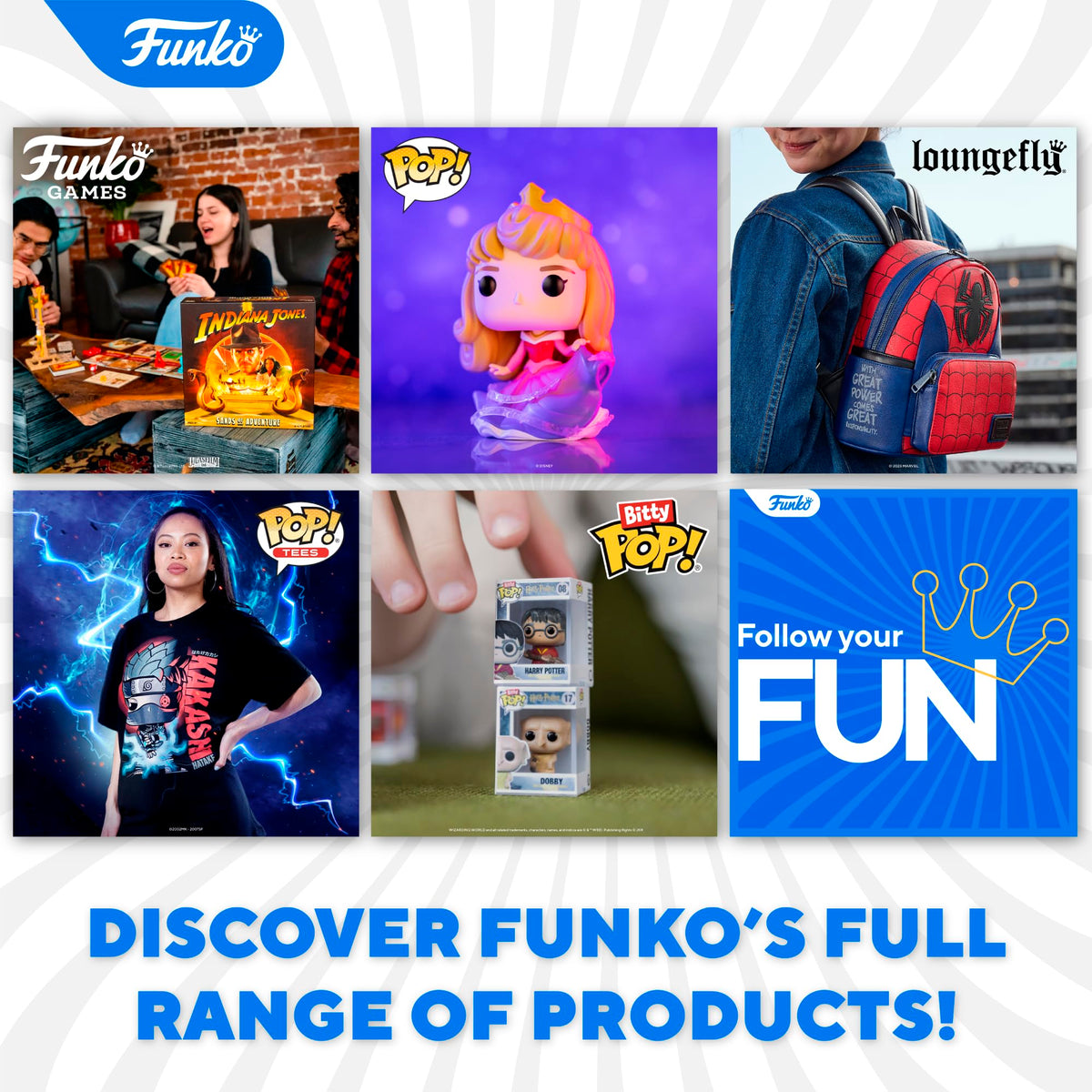 Collage of other Funko products: games, Pop figures, backpacks and tees