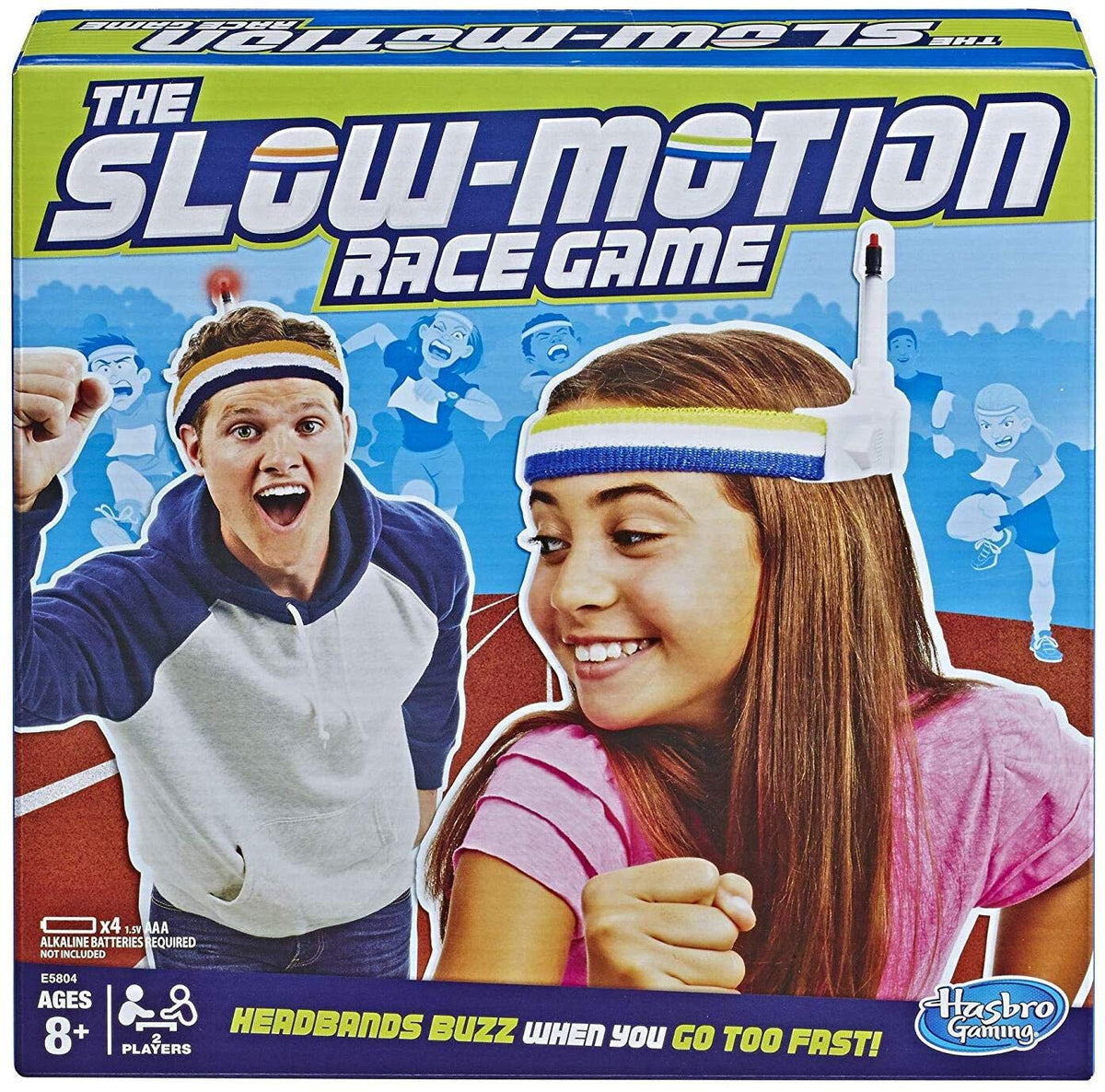 Slow-motion race game box with two players in buzzing antenna headbands