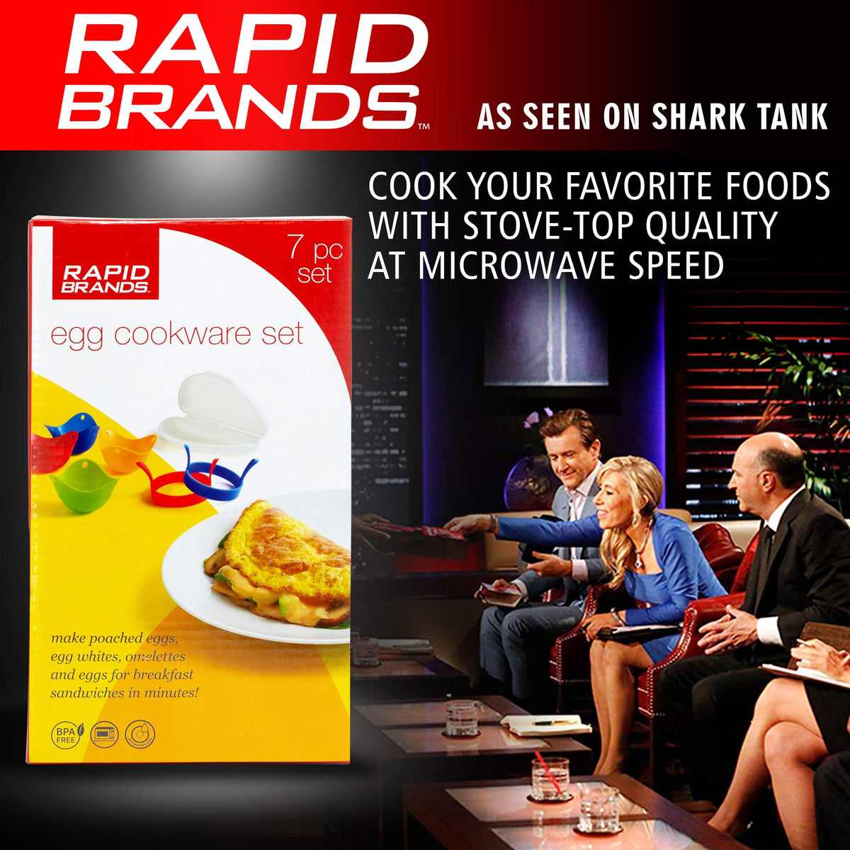Egg cookware set box beside a TV studio scene with As Seen On Shark Tank text