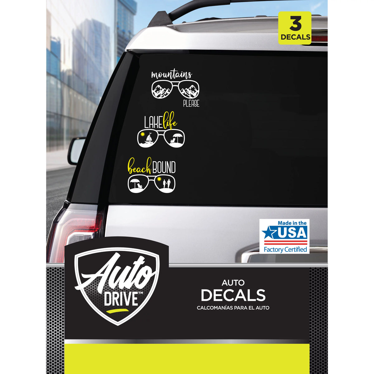 Auto Drive 3-decal pack: sunglasses decals reading mountains please, lake life, beach bound