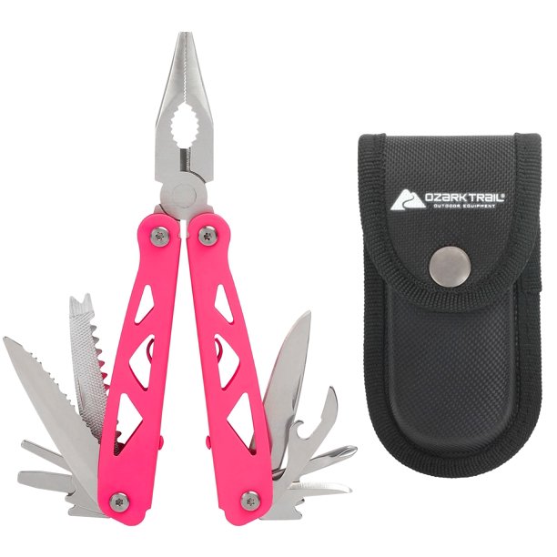 Pink-handled Ozark Trail 12-in-1 multi-tool fanned open beside its black sheath