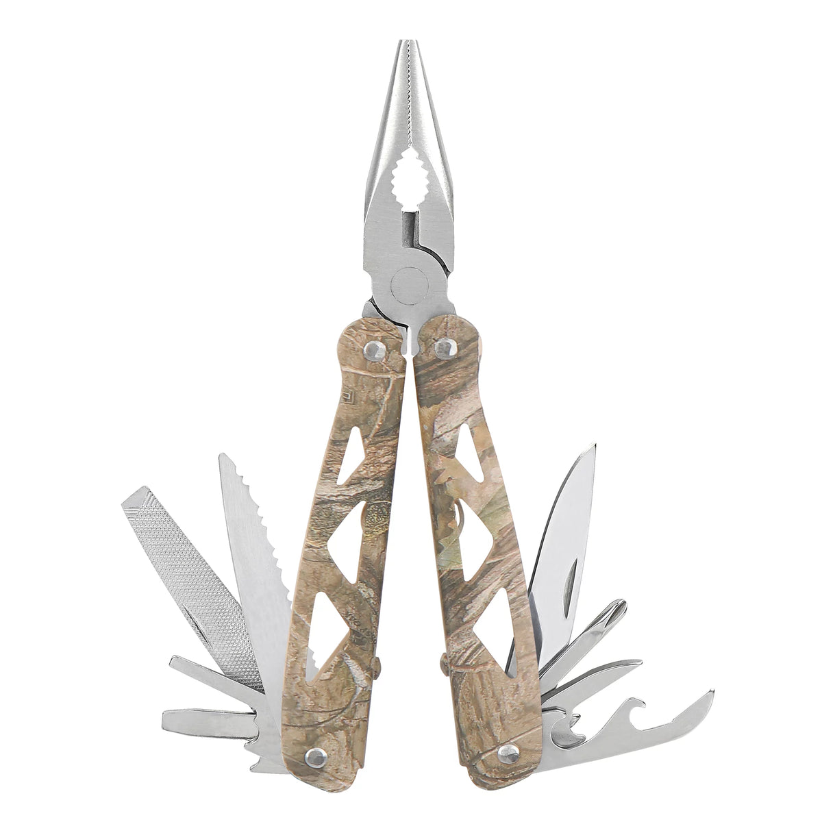 Ozark Trail 12-in-1 multi-tool with tan camo handles and all tools fanned out