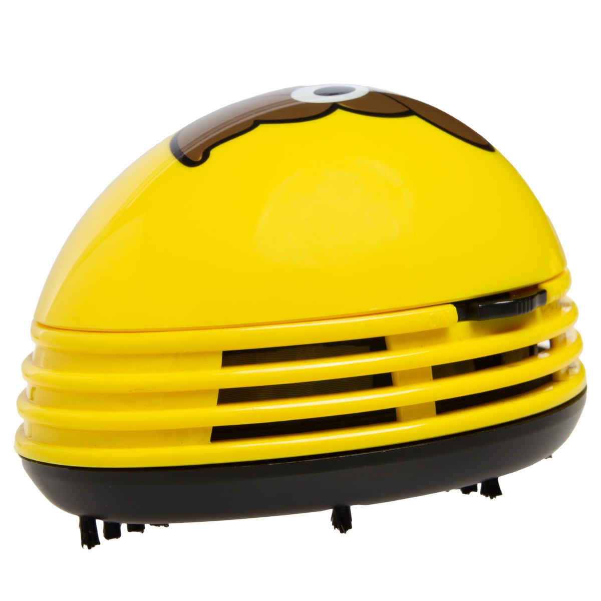Side view of the yellow poo emoji mini vacuum with on switch and brushes