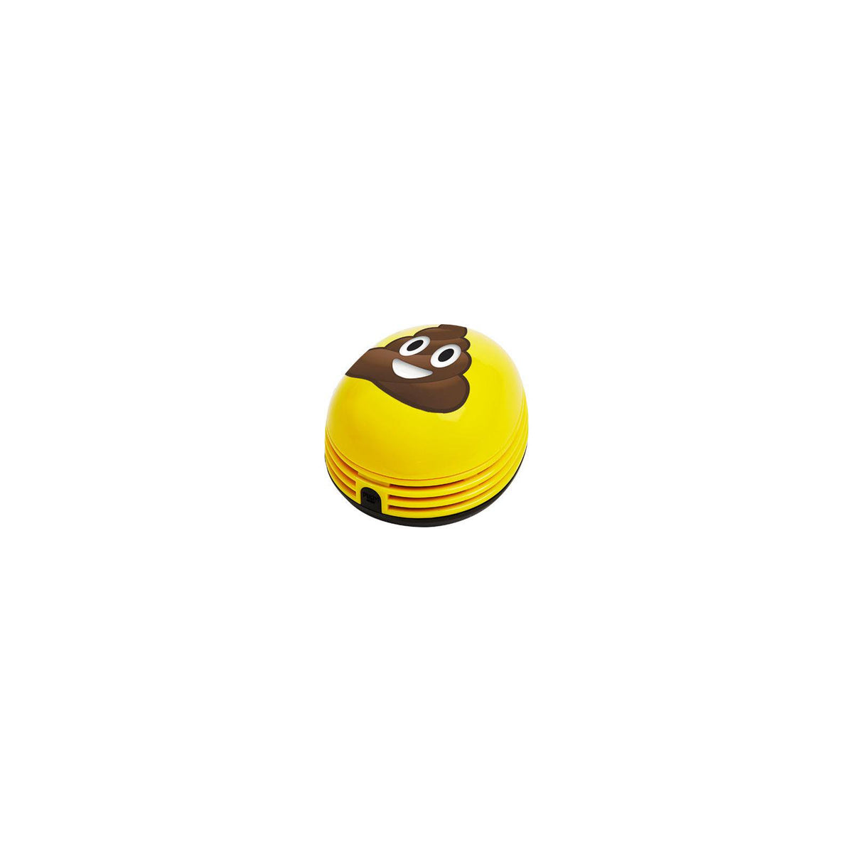 Yellow Crumby mini desk vacuum with a smiling poo emoji on top