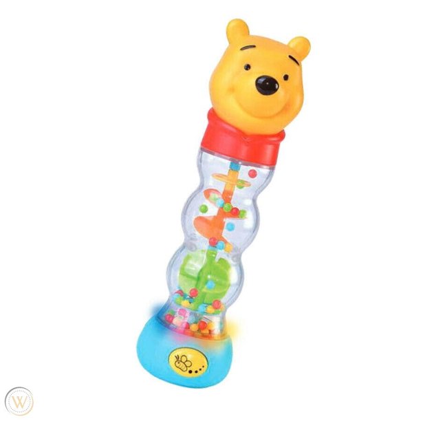 Winnie the Pooh rainmaker baby toy, a clear tube of colorful beads with a Pooh head