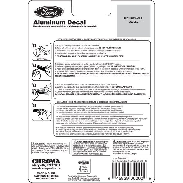 Back of the Chroma Ford aluminum decal card with application steps and warnings