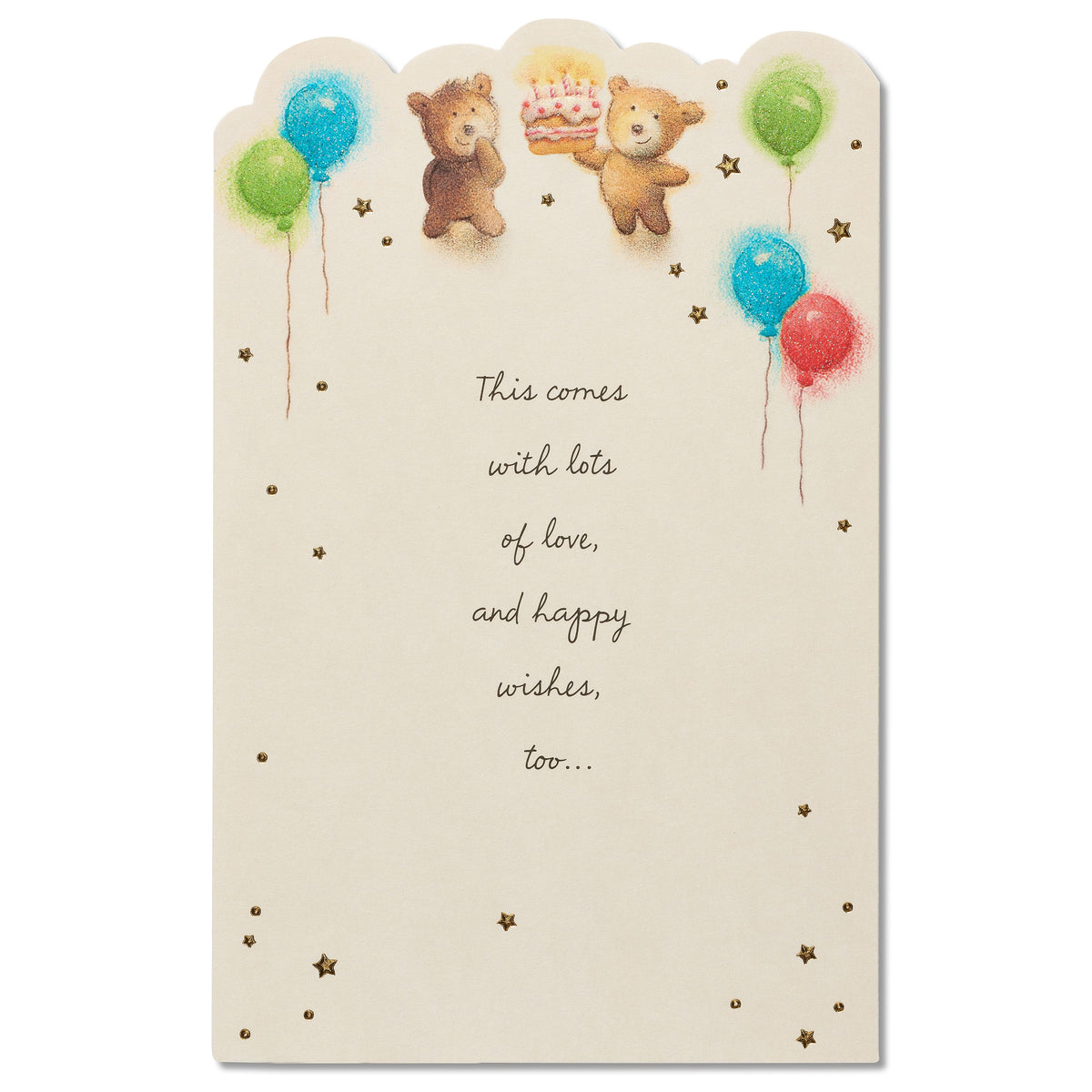 Cream birthday card with two teddy bears, a cake and glittery balloons