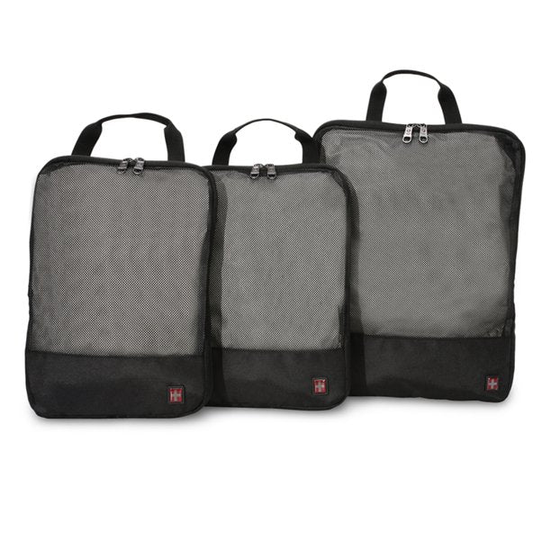 Front view of three SwissTech packing cubes with grey mesh panels and zippers