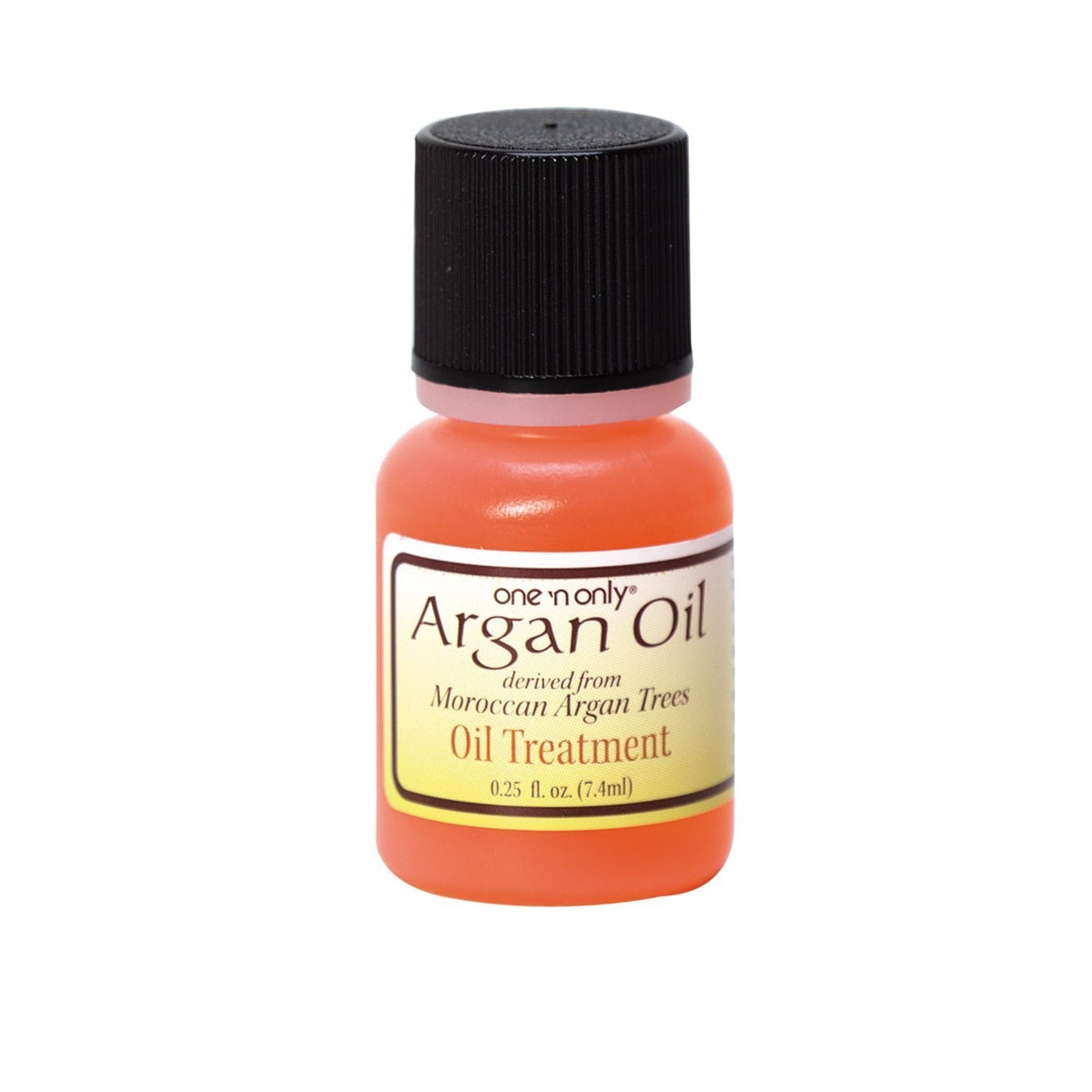 Small orange bottle of One n Only Argan Oil treatment, 0.25 fl oz, black cap