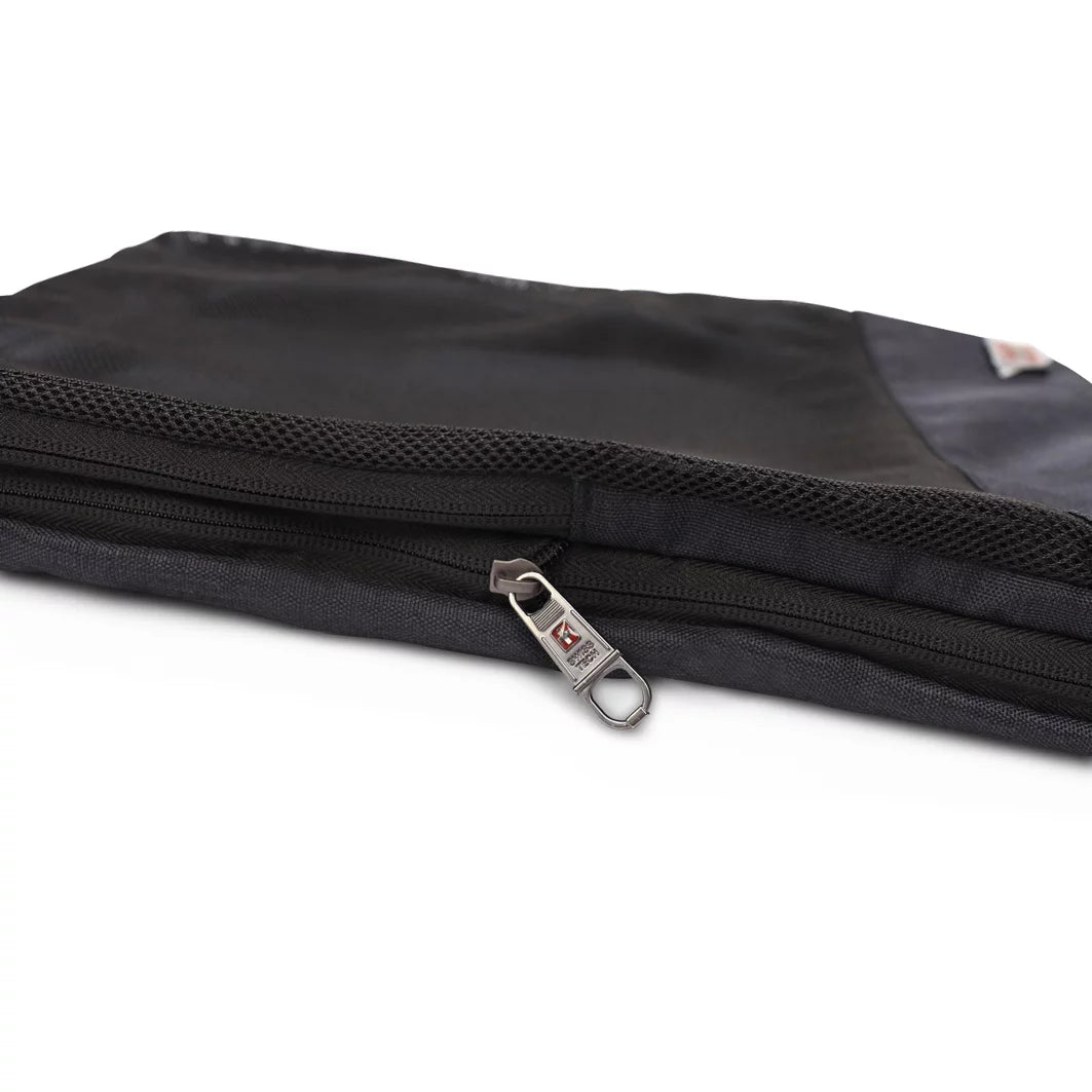 Close-up of the compression zipper and metal pull on a SwissTech packing cube